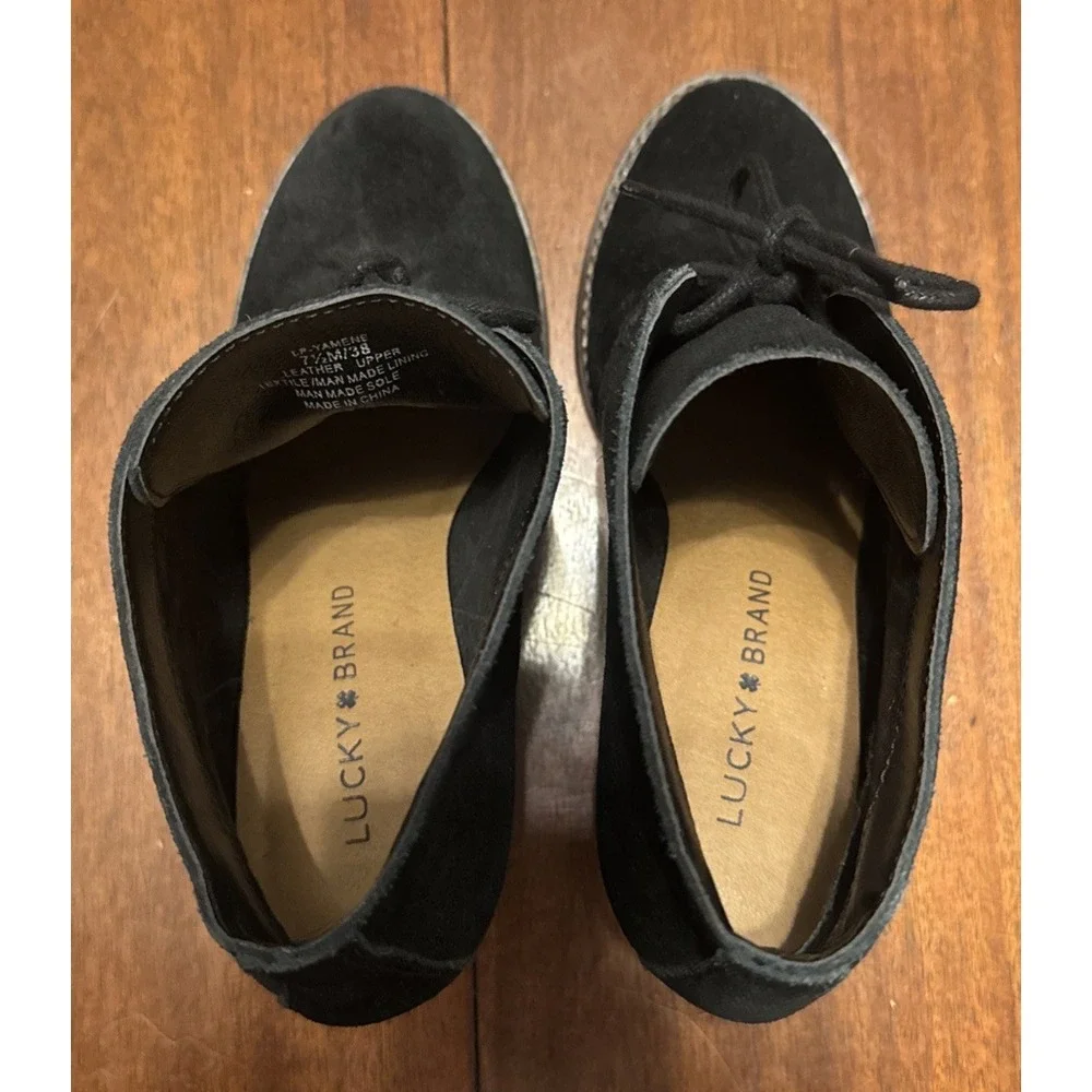 Lucky Brand LZ Yamens Booties Women 7.5 Black Suede Wedge Lace‎ Up Ankle Boots