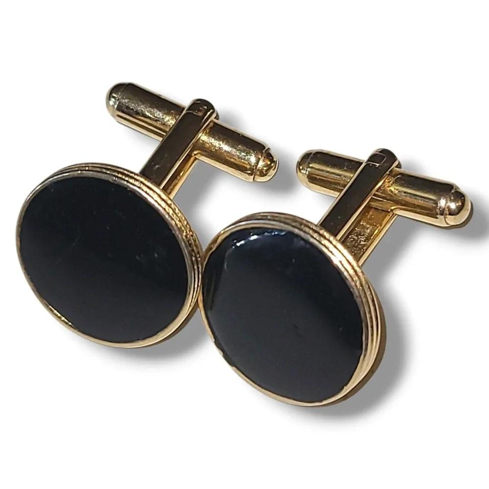 Vintage‎ Gold Tone Black Enamel Cufflinks Round Classic Mens Formal