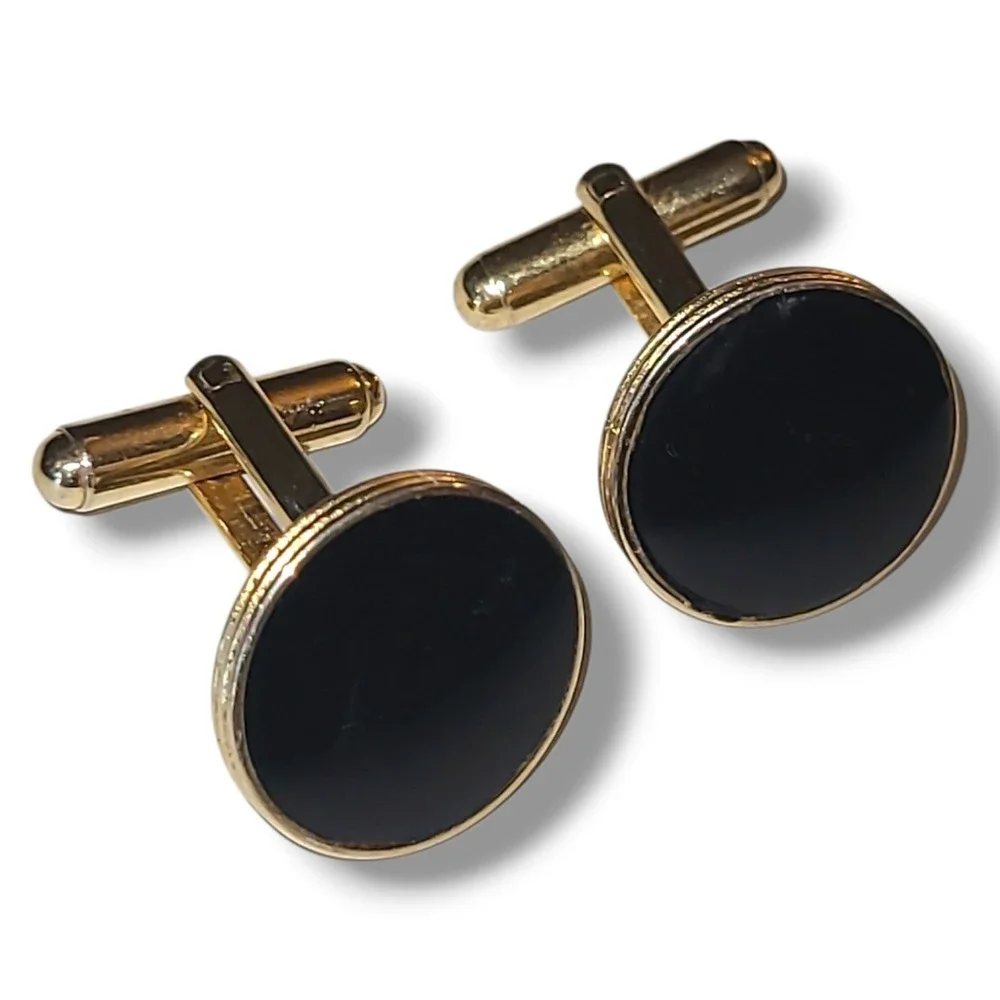 Vintage‎ Gold Tone Black Enamel Cufflinks Round Classic Mens Formal