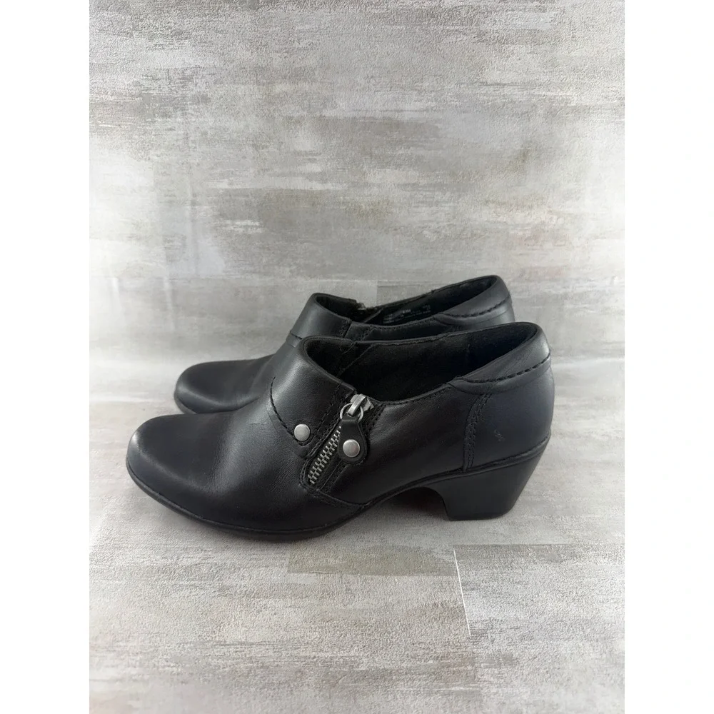 Clarks Bendables Women Sz 6.5M Black Leather Ankle Booties Block Heel Zip 66763