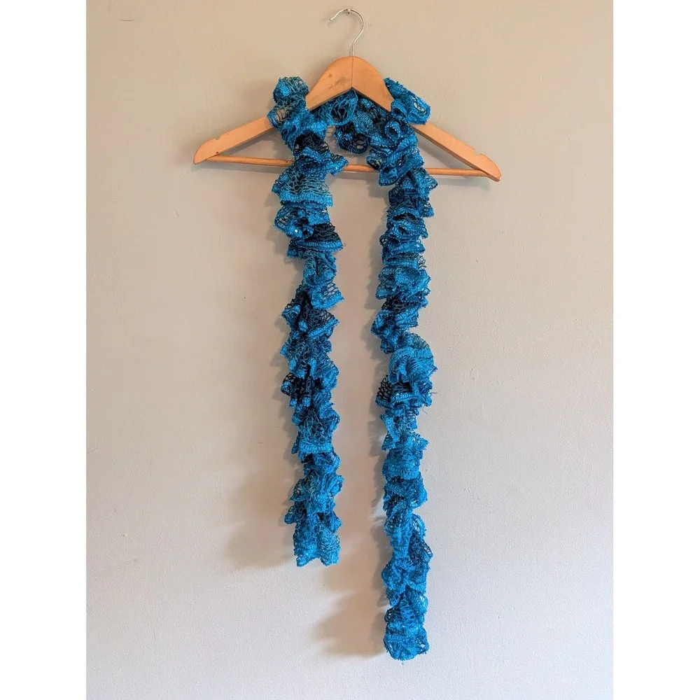 Vintage Y2K Teal Blue Ruffle Crochet Scarf Sequin Knit Curly Boho Accessory