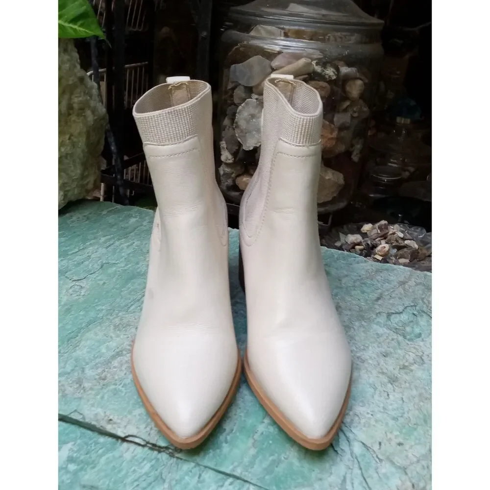 Chelsea and Violet, Bone Color Leather Boots with Chunky Heels