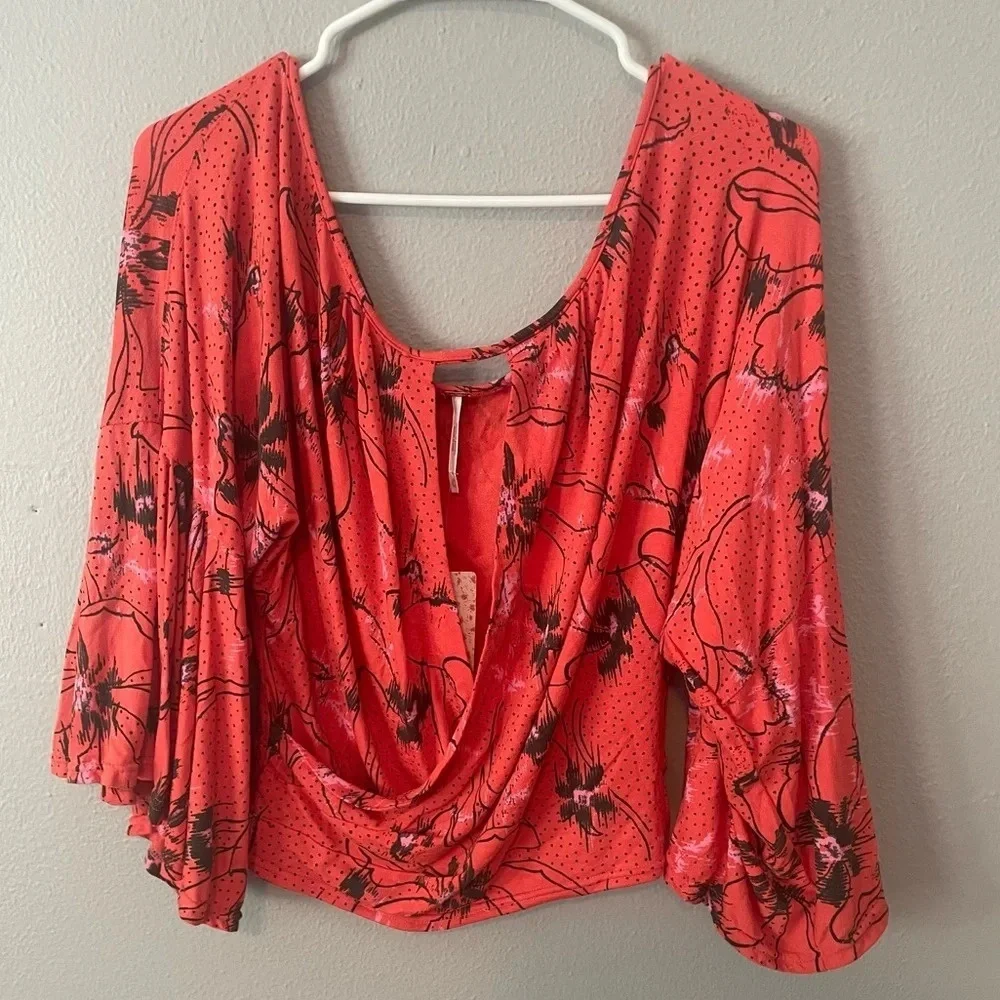 Free People Last Time Orange‎ Print Surplice Bell Sleeve Crop Top-size M NWT