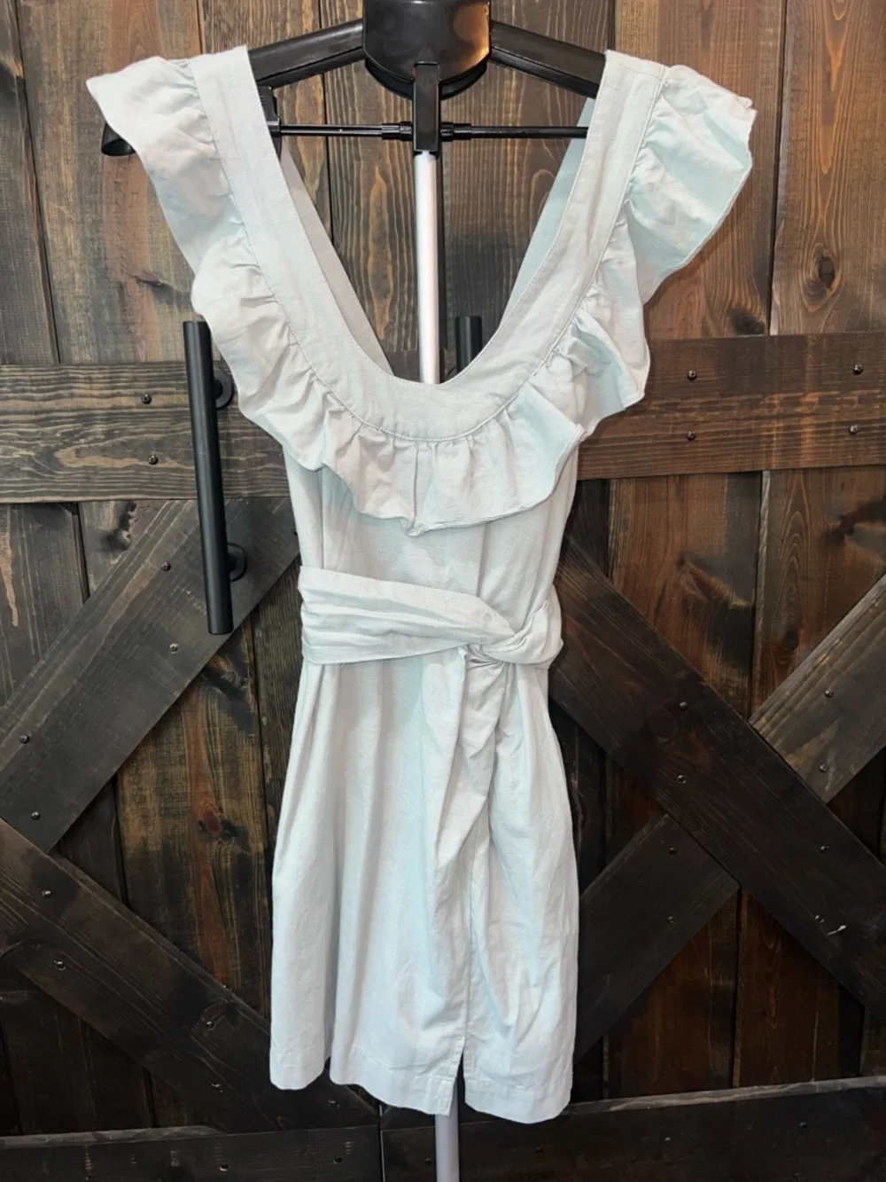Free People Ruffle Dress XS Seafoam Green Tie Back Linen‎ Blend Criss Cross Boho
