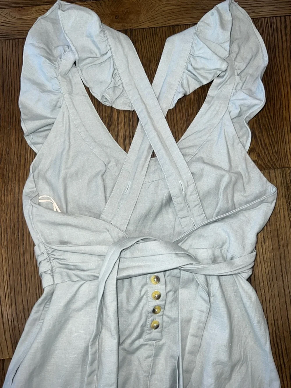 Free People Ruffle Dress XS Seafoam Green Tie Back Linen‎ Blend Criss Cross Boho