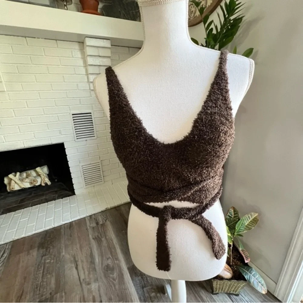 Out From Under  NWT Sz Small Brown Fuzzy Knit Wrap Tie Crop Top Deep V Neck