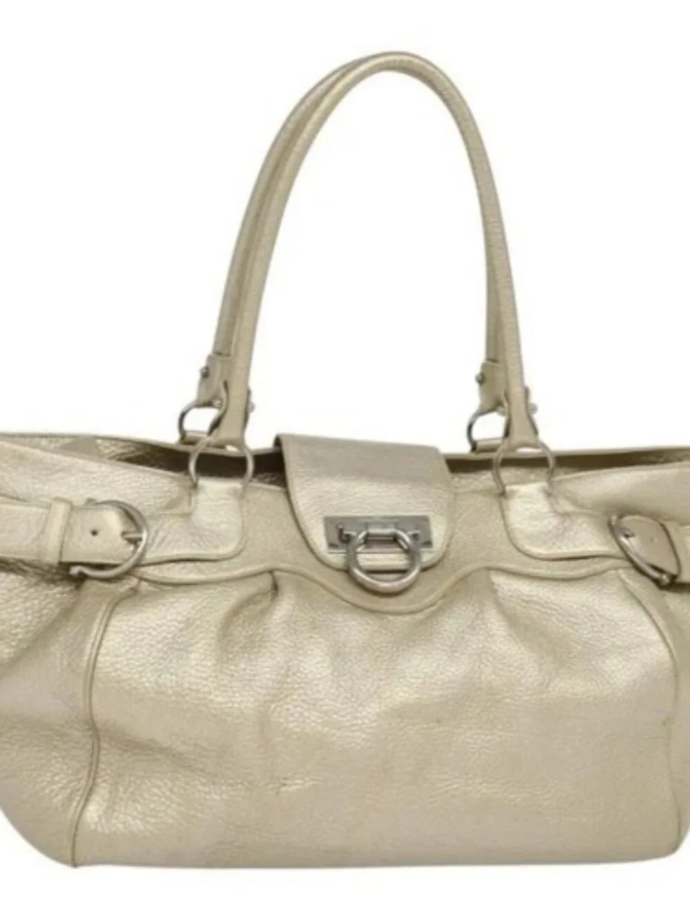 Salvatore Ferragamo Gancini Tote Bag Leather Silver Gold Auth JB034