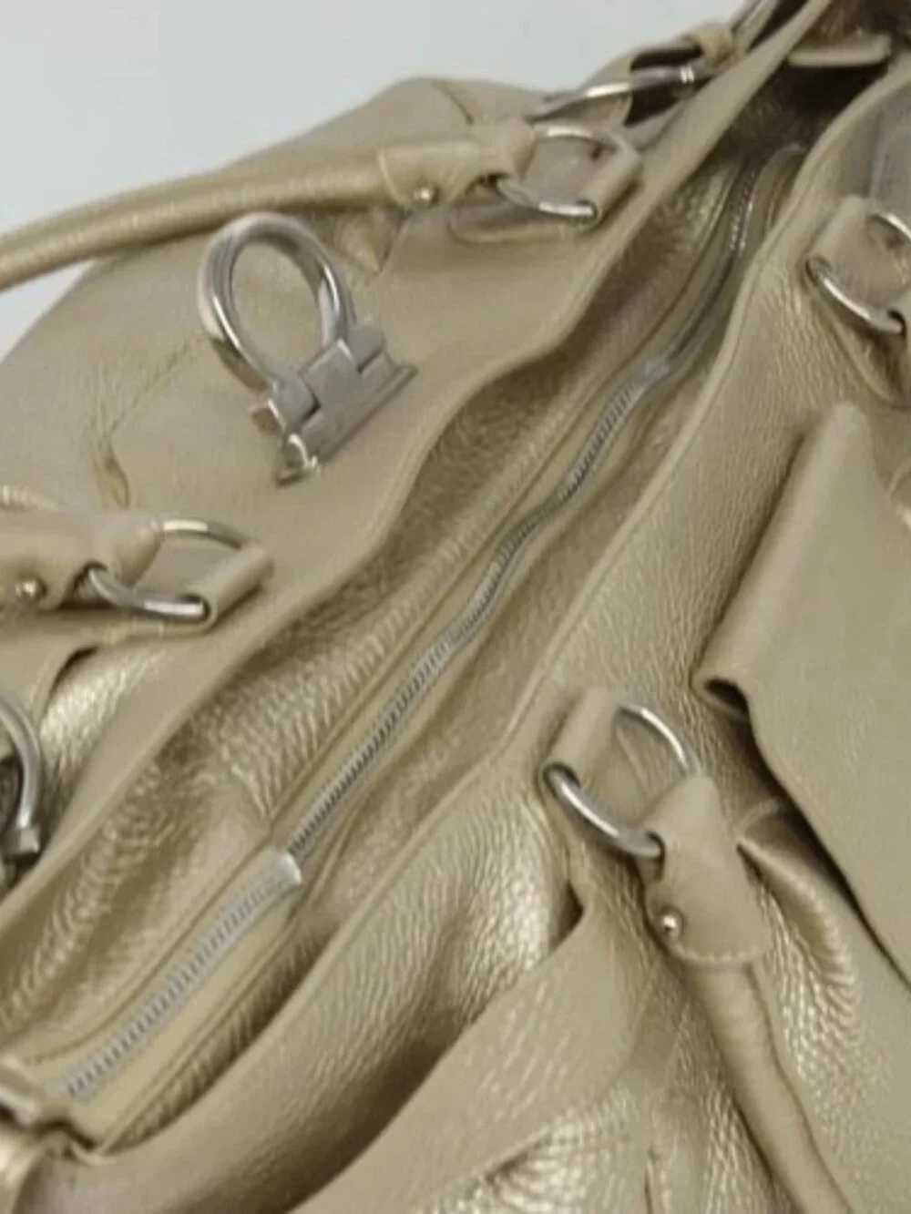 Salvatore Ferragamo Gancini Tote Bag Leather Silver Gold Auth JB034