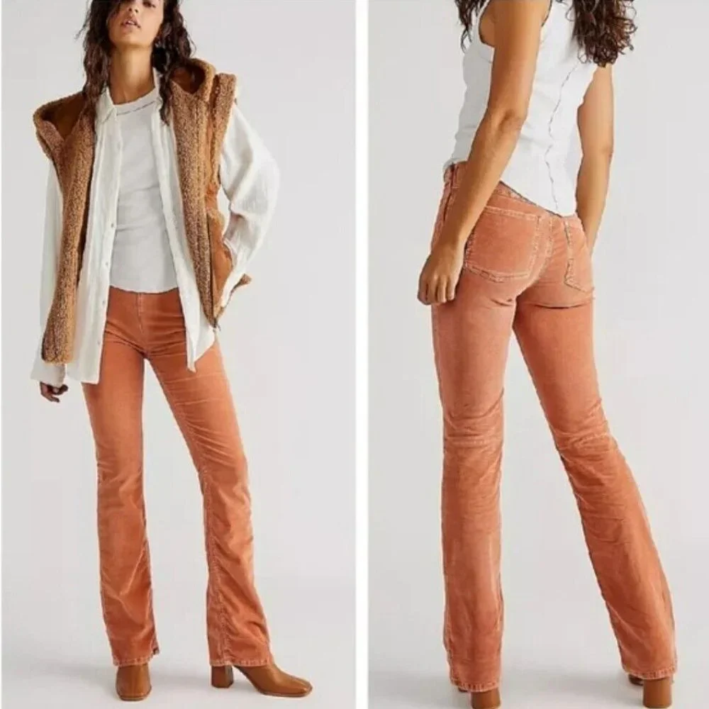 NWOT Free People Jenny High Rise Cord Slim Flare Jeans In Cognac