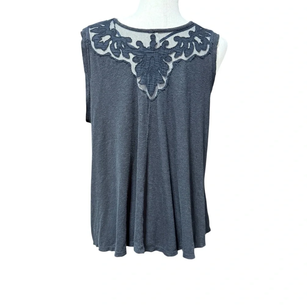 Free People Linen Blend Lace Flowy Tank Top Size Small Black Boho Floral Summer