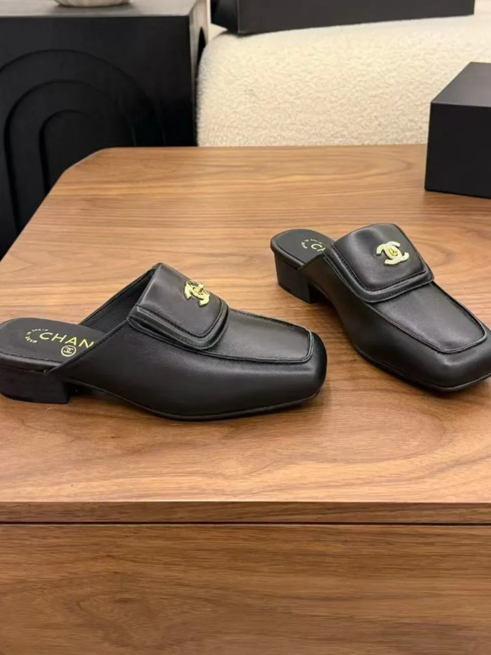 Chanel Black Leather CC Turn‑Lock Square Toe Mule Loafers