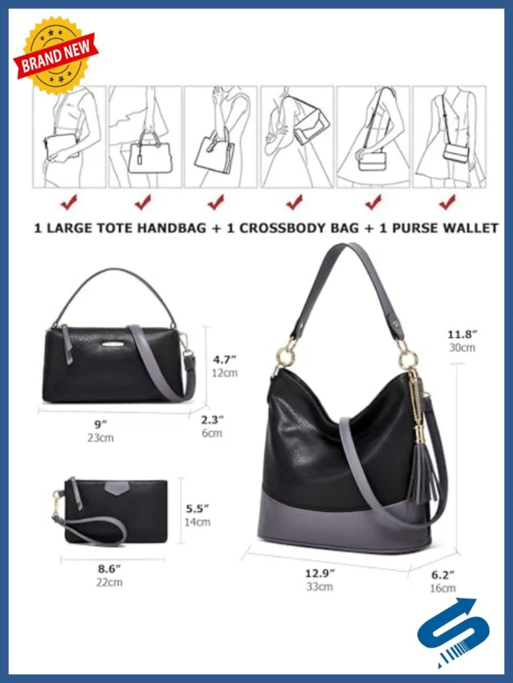 Faux Leather 3-Piece Tote, Crossbody & Wallet Purse Set for Women