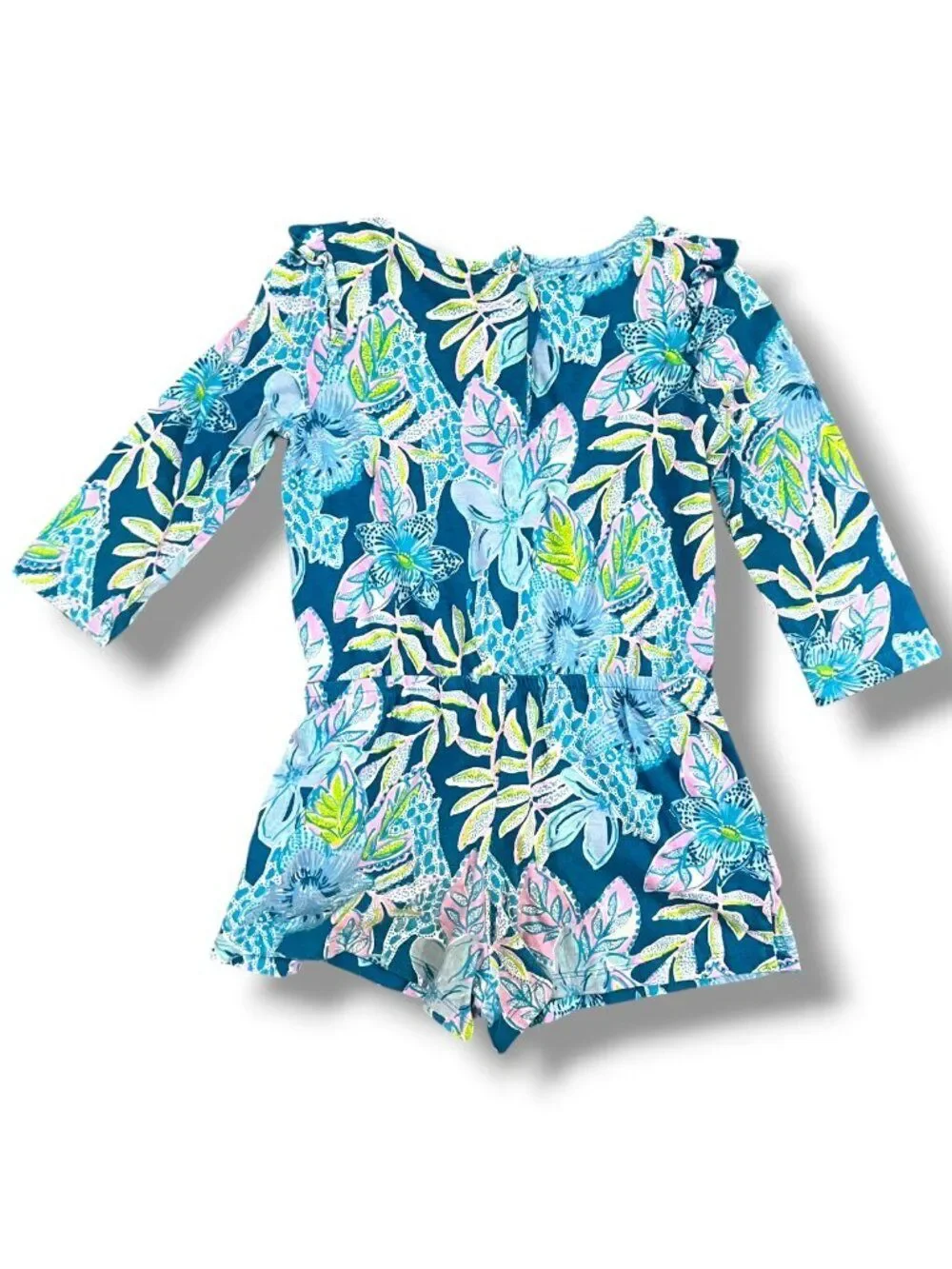 Lilly Pulitzer Girls Blue Tropical Summer Floral Romper Ruffle Shoulder Size 6-7