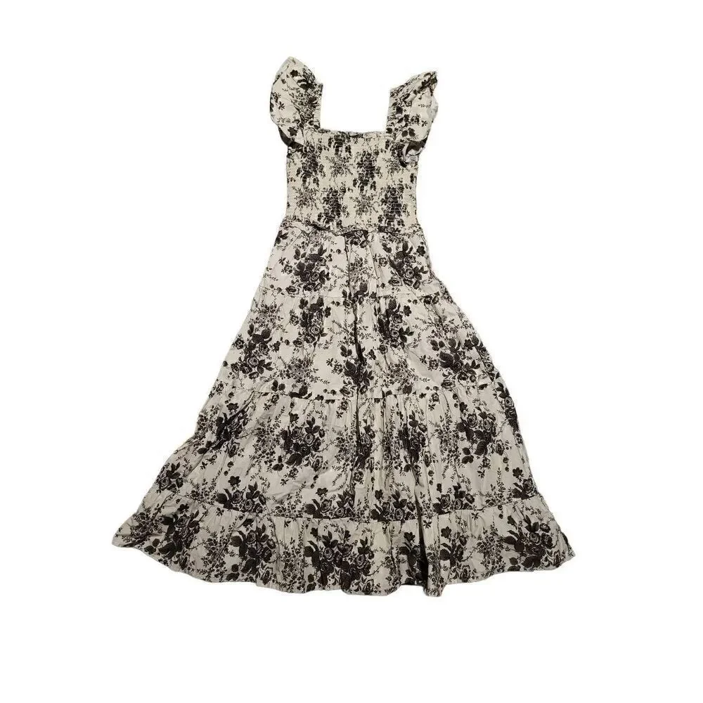Lini Smocked Ruffle Sleeve Floral Midi Dress Ivory Black Women's Small