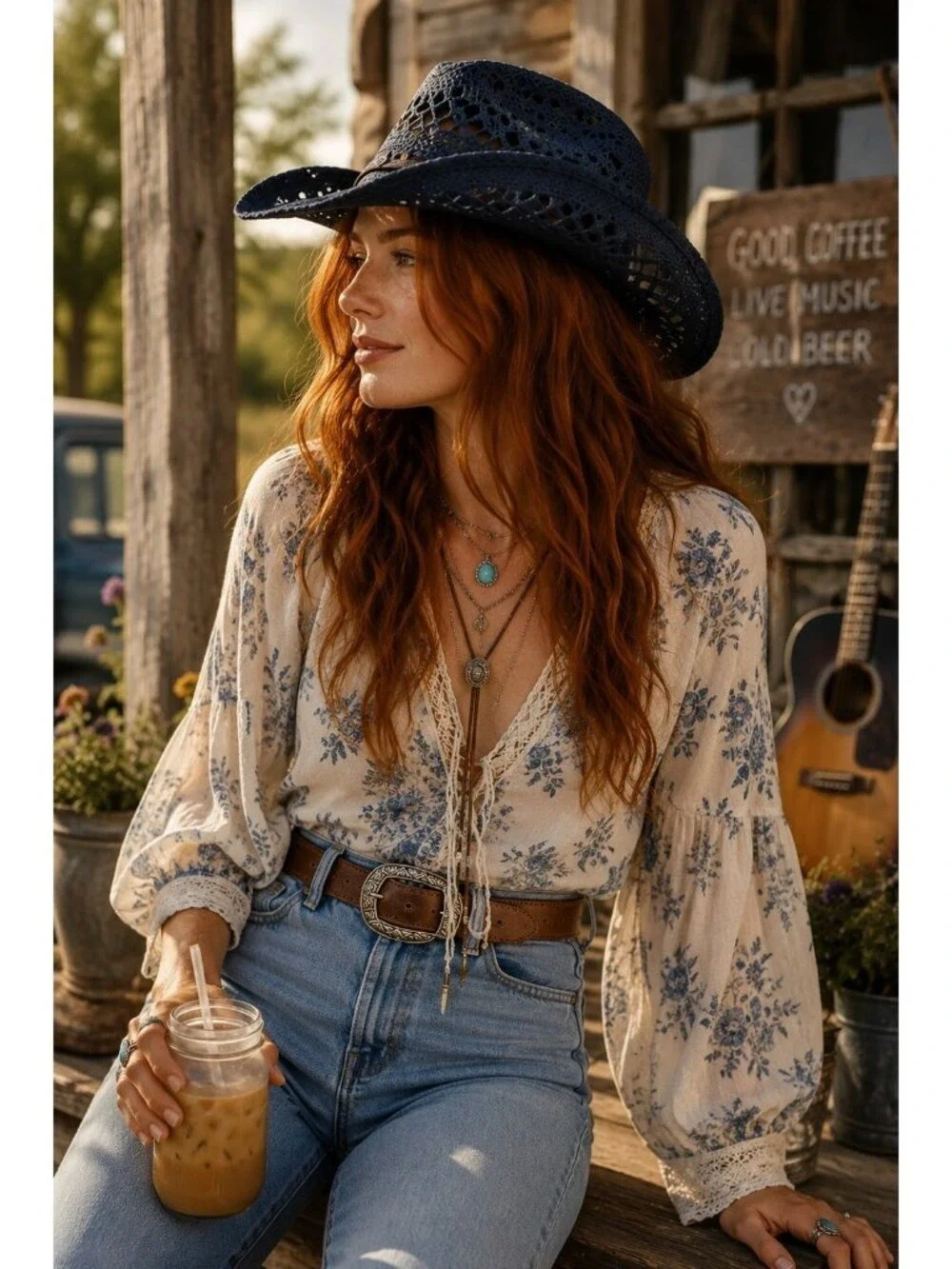 Blue Straw Cowboy Hat Rolled Brim One Size Western Cowgirl Beach