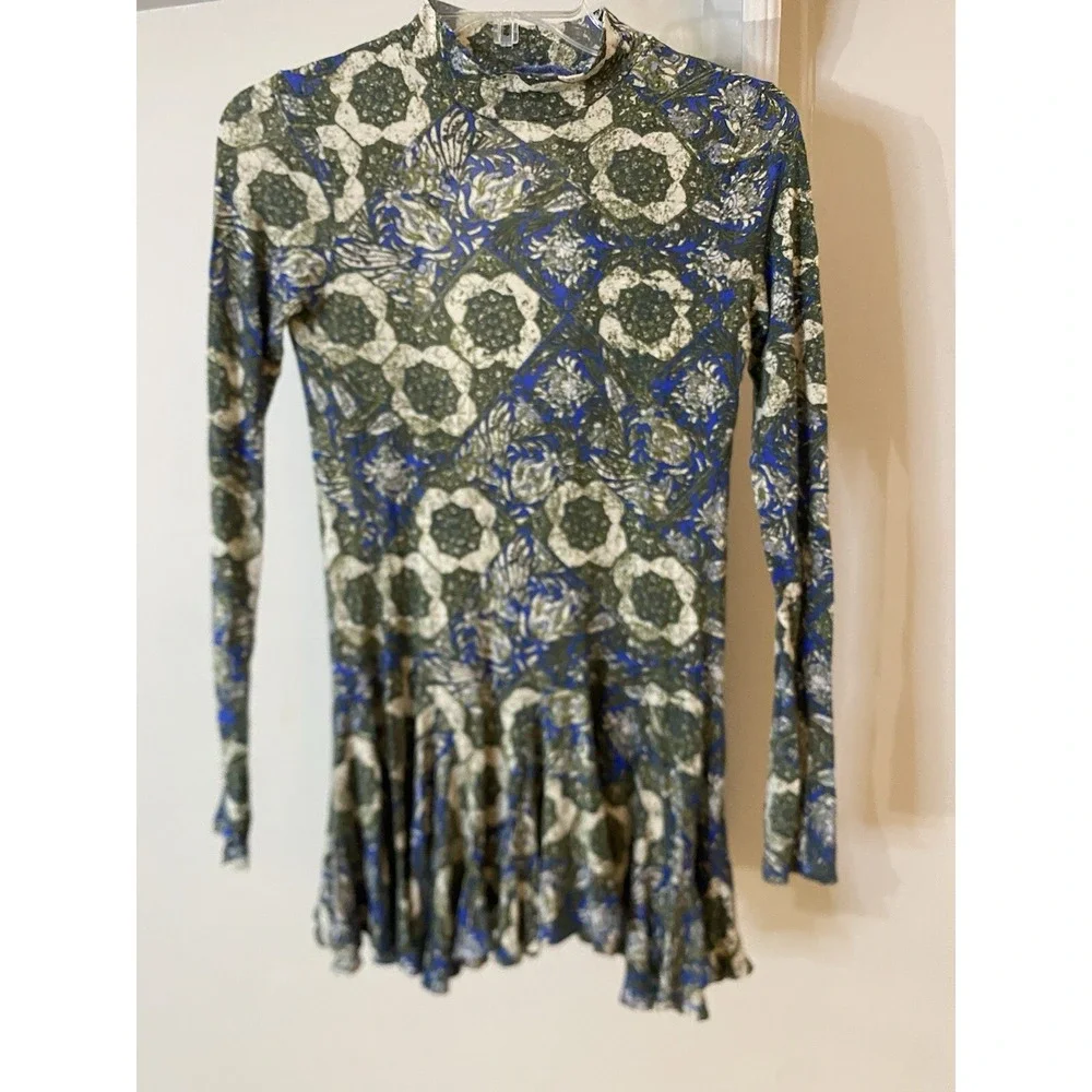 FREE PEOPLE Blue & Green Floral Mock‎ Neck Ruffle Top XS Long Sleeve Boho