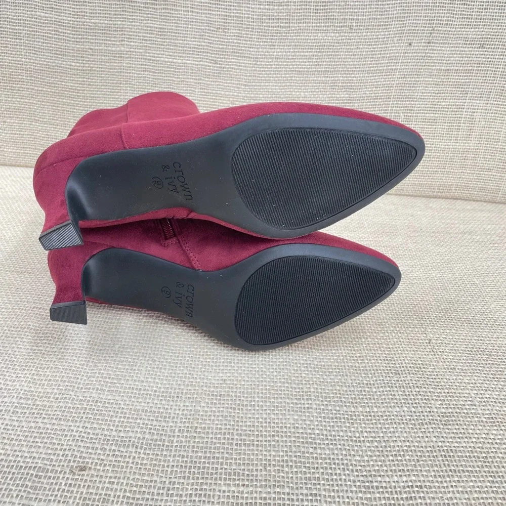 Crown and Ivy NEW Womens Wine Suede Pointed Toe‎ Block Heel Ankle Boots Size 9