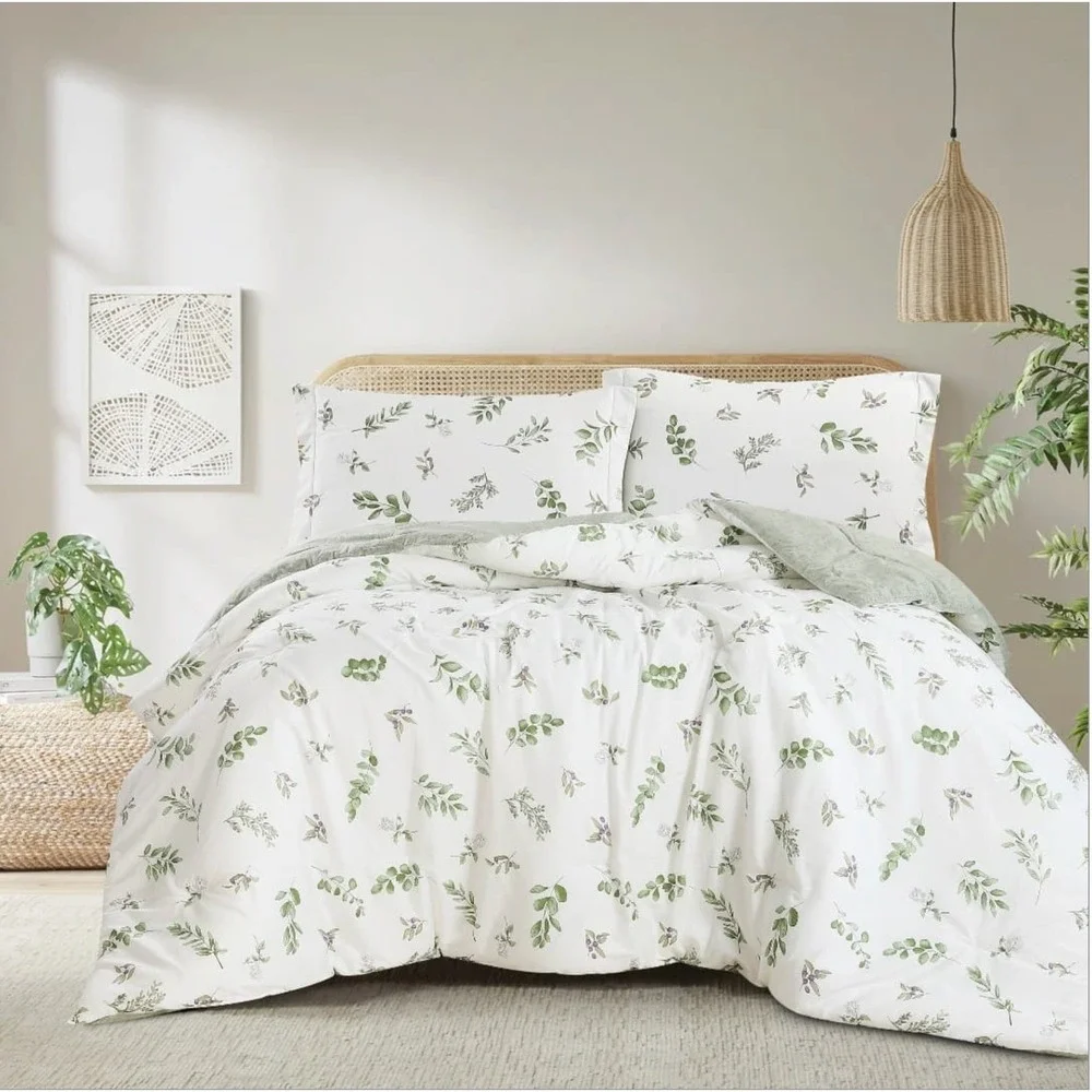 Annari Green Floral 100%‎ Cotton Reversible Comforter Set Twin 2 Piece