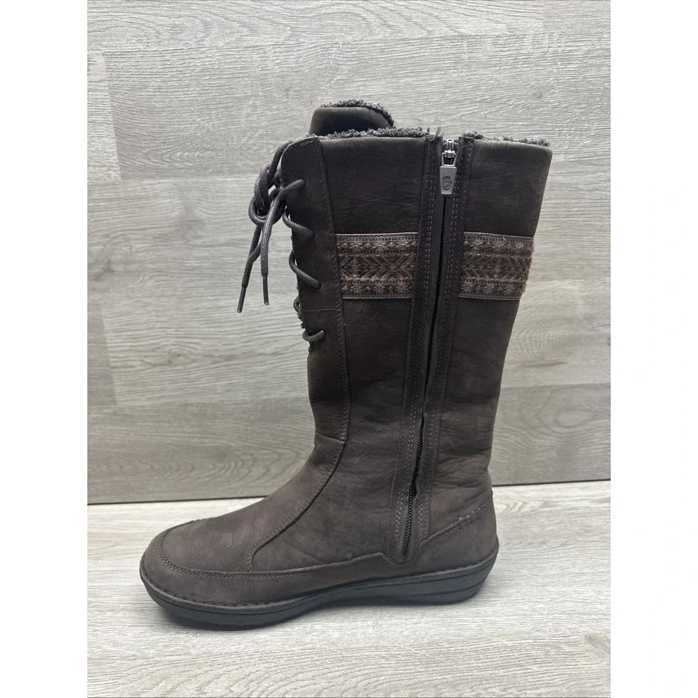TEVA‎ Kiru Brown Nubuck Leather  Fleece Lined Mid Calf Boots Decorative Woven 8
