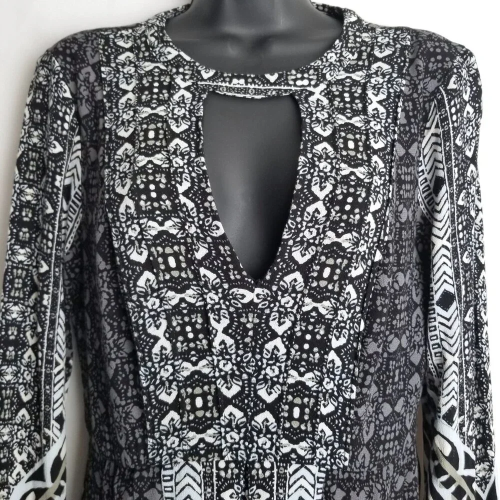 Free People Teagan Boho Tribal Print Mini Dress Bell Sleeves Black White Size S