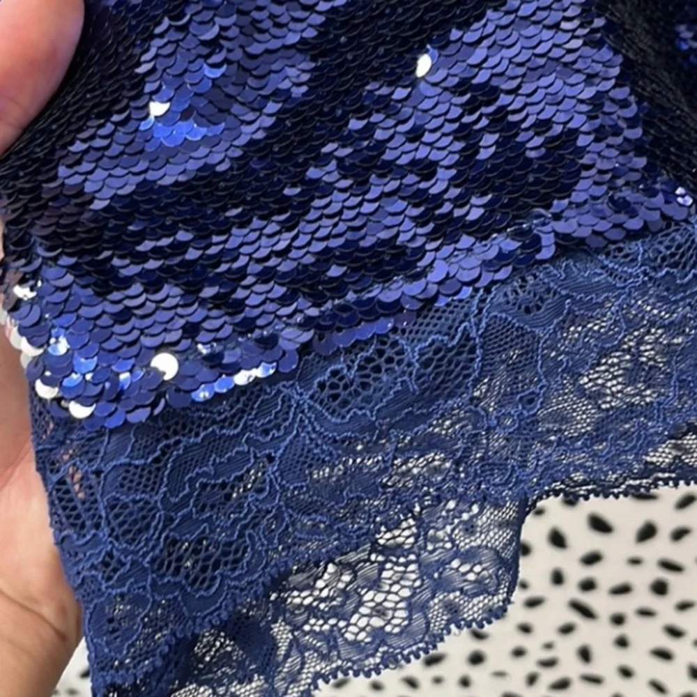 Free People Reversible Blue Silver Sequin Tank Top Small Lace Trim Party