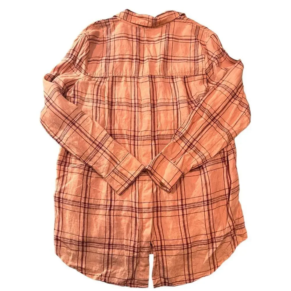 Free People Overshirt Womens Small Orange‎ Plaid Button Front Collared