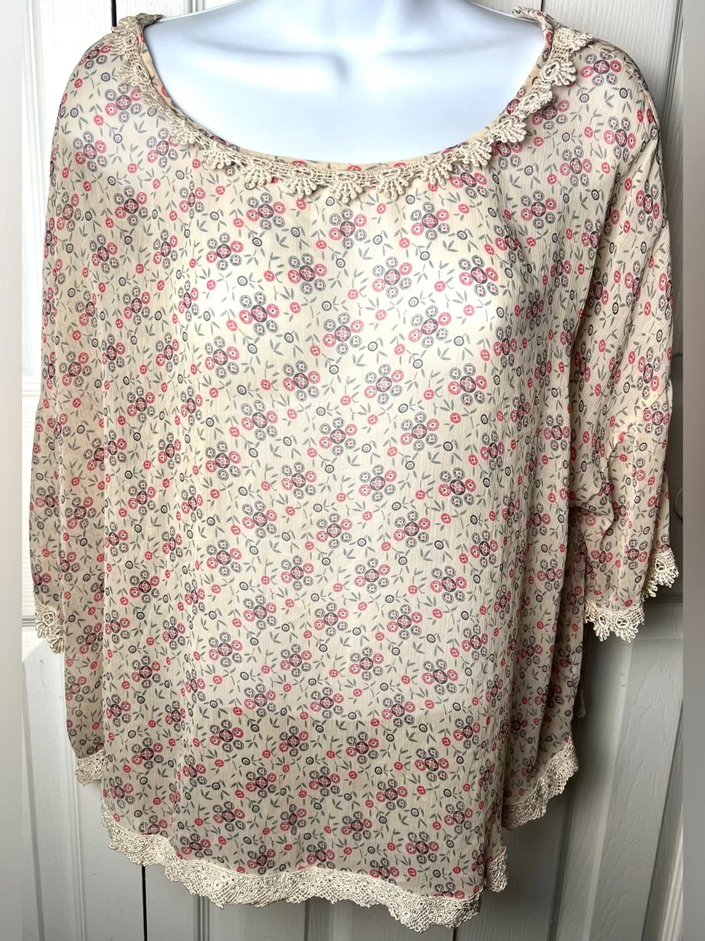 FREE PEOPLE Blouse Top Peasant Boho Sheer Lace Beige Pink Scoop Neck