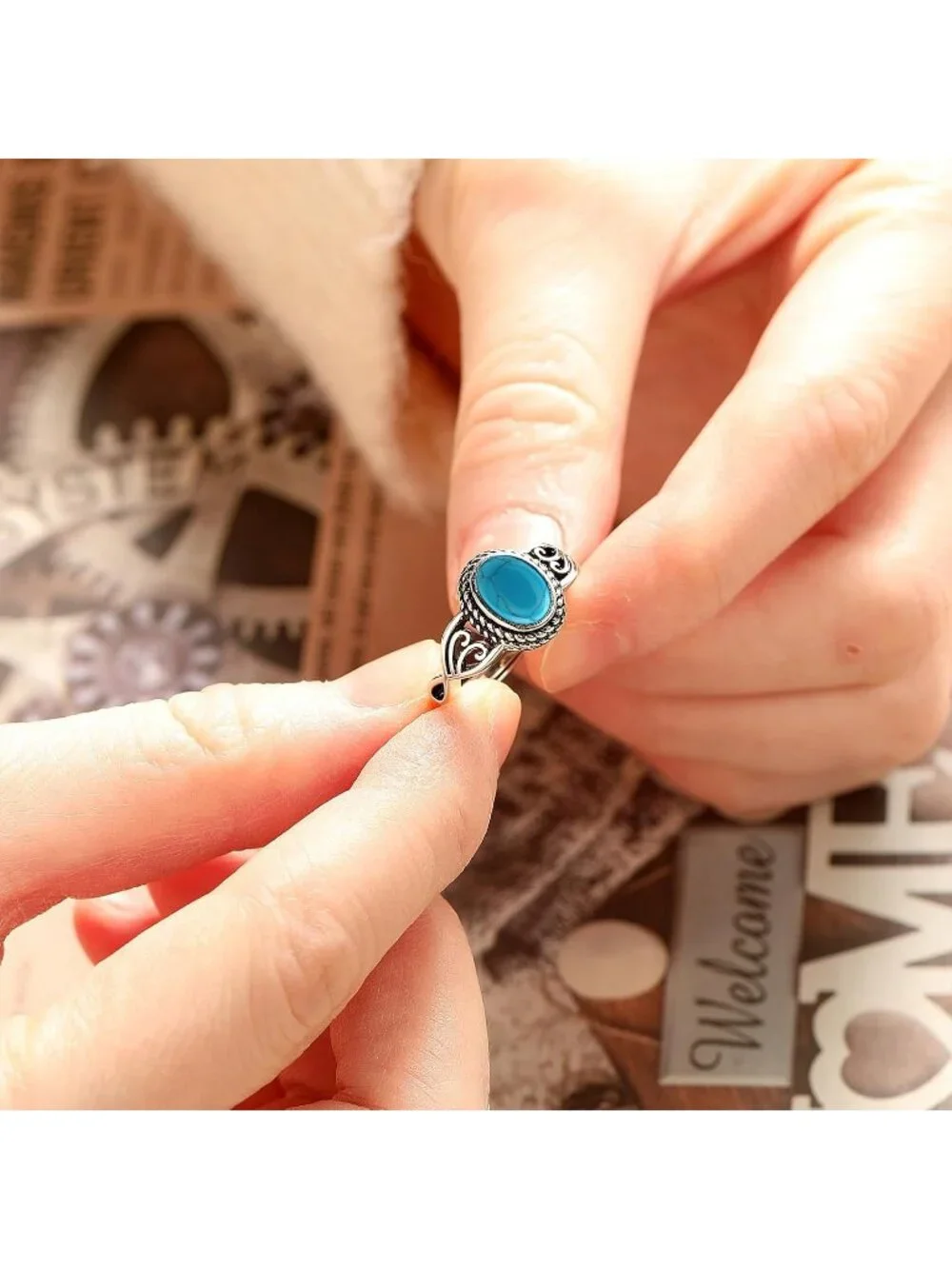 Women's Blue Turquoise 925 Sterling Silver Oval Adjustable Natural Stone Ring