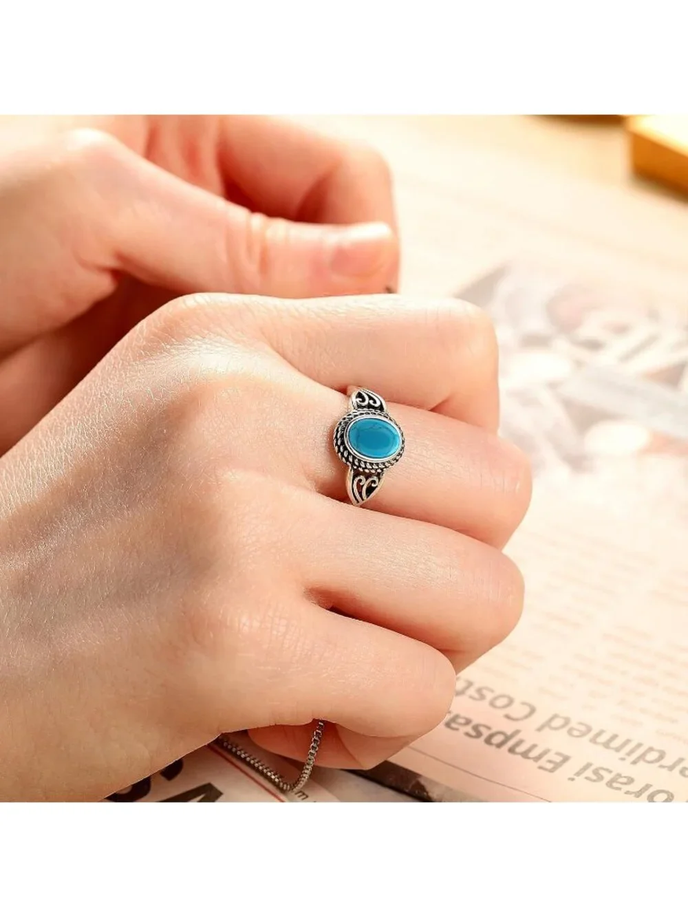 Women's Blue Turquoise 925 Sterling Silver Oval Adjustable Natural Stone Ring