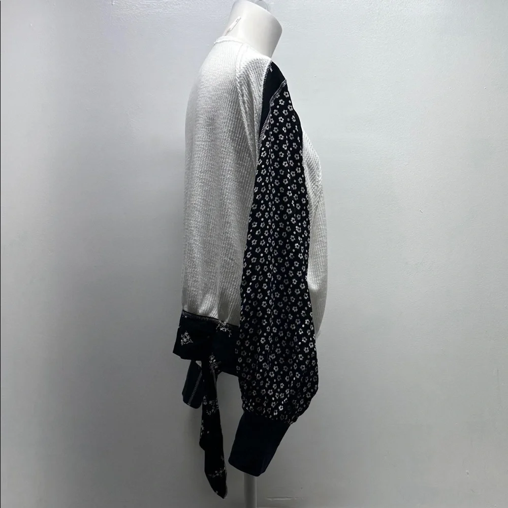 Free People Auxton Thermal Tie Waist Long Sleeve Shirt Top Ivory Black Medium