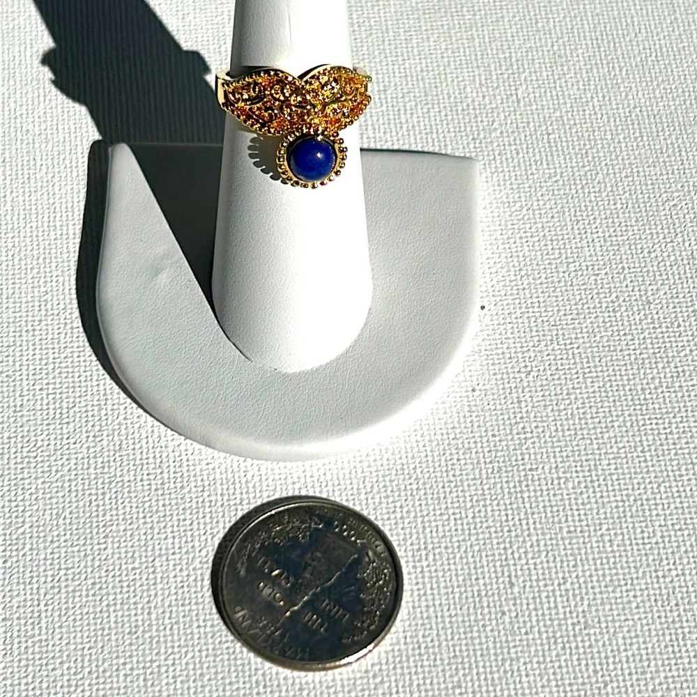 NWOT-PAJ Prime Art & Jewel Brand Blue Lapis Gold Over Brass Dangle Designer Ring