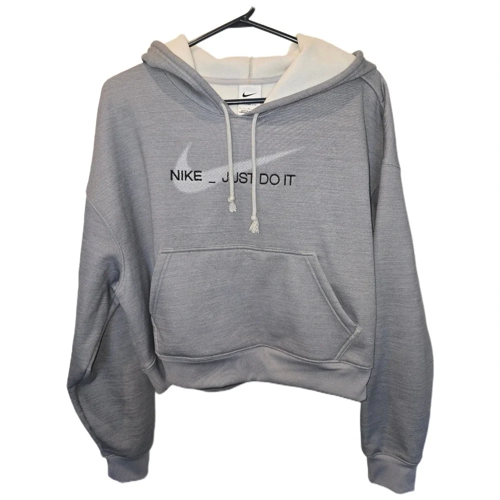 Nike Therma-FIT Cropped Hoodie Grey Just Do It Graphic‎ Pullover Sweatshirt L