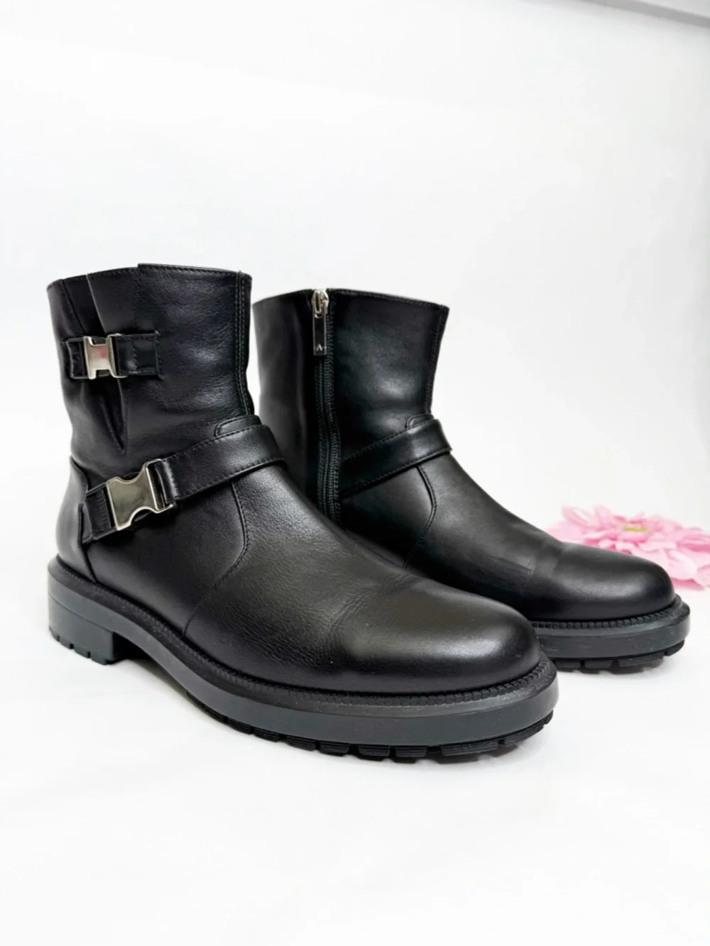 Aquatalia Lillie Moto Leather Ankle Boots Buckle Black Silver