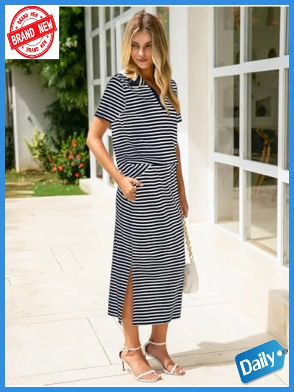 Women's 2 Piece Skirt Set Striped Knit Lounge Set Short Sleeve