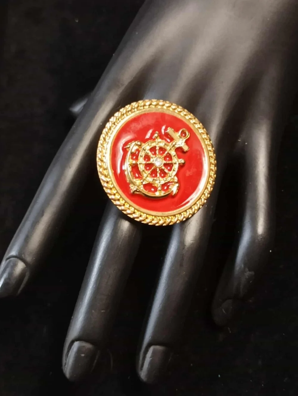Vintage 80’s Nautical Ship Wheel Red Enamel Gold Tone Statement Ring Adjustable