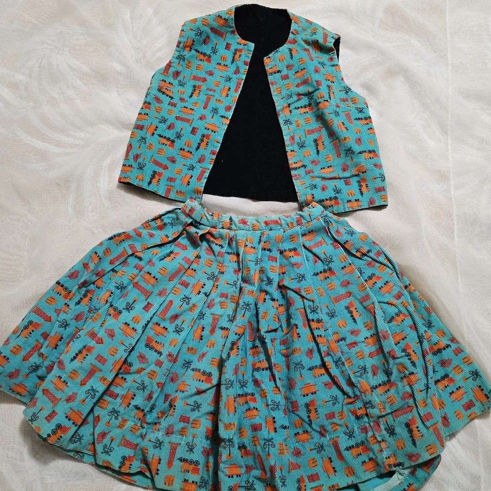 Vintage 1970s 70s Corduroy 2 Piece Vest Skirt Set Kids Childrens Trains