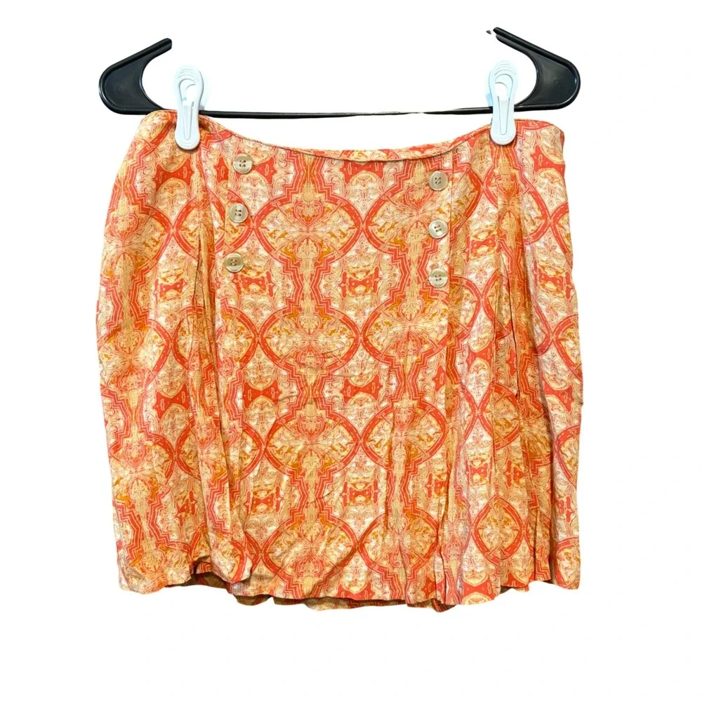 Free People Casual Lover's Lane Printed Mini Skirt Orange Yellow Button‎ Sz 12