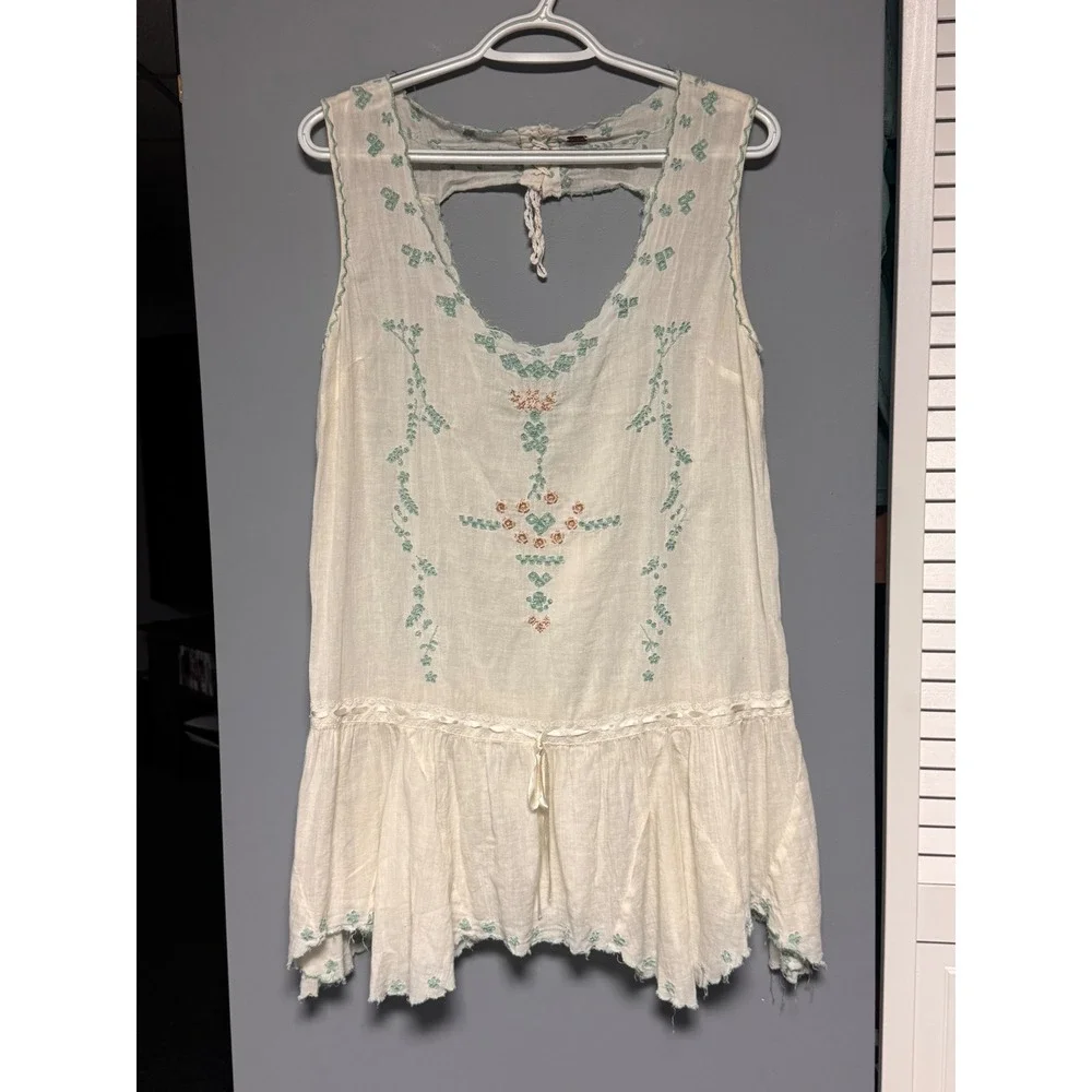 Free People Gates of Eden Embroidered Boho Tunic Top Sleeveless Keyhole Back S