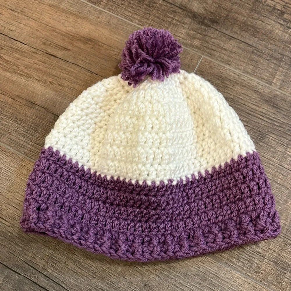 Handmade Child’s Crochet Beanie Hat‎ with Pom Pom in purple and white