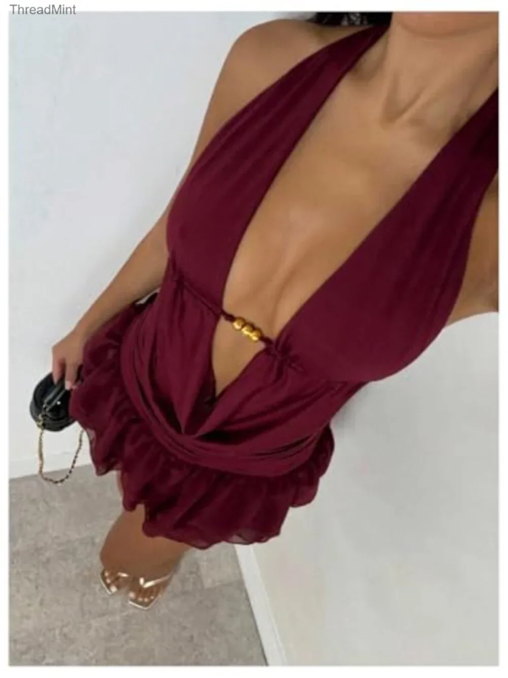 Women's 2 Piece Y2K Skirt Set Deep V Neck Halter Top Ruffle Layered Mini Skirt