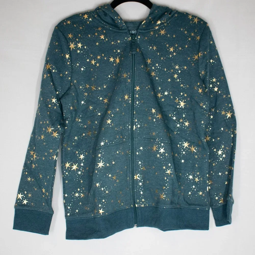 Cat &‎ Jack Girls' Dark Green Gold Stars Zip-Up Fleece Hoodie