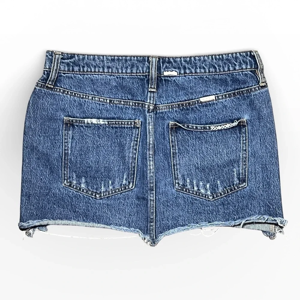 Free People Lace Up Denim‎ Micro Mini Skirt Blue Distressed Raw Hem Size 28 Boho