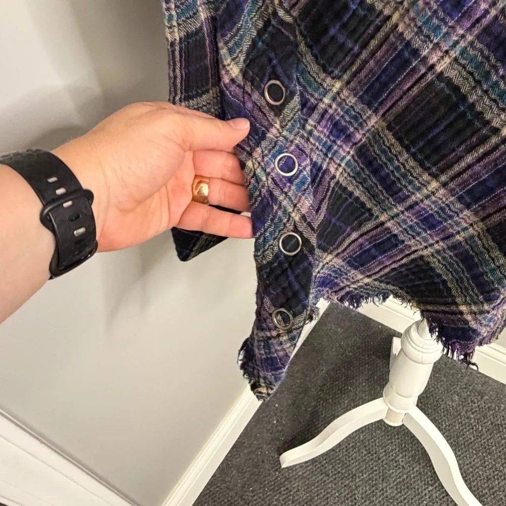 Free People Purple Plaid Grommet Detail Frayed Hem Cotton Shirt Small