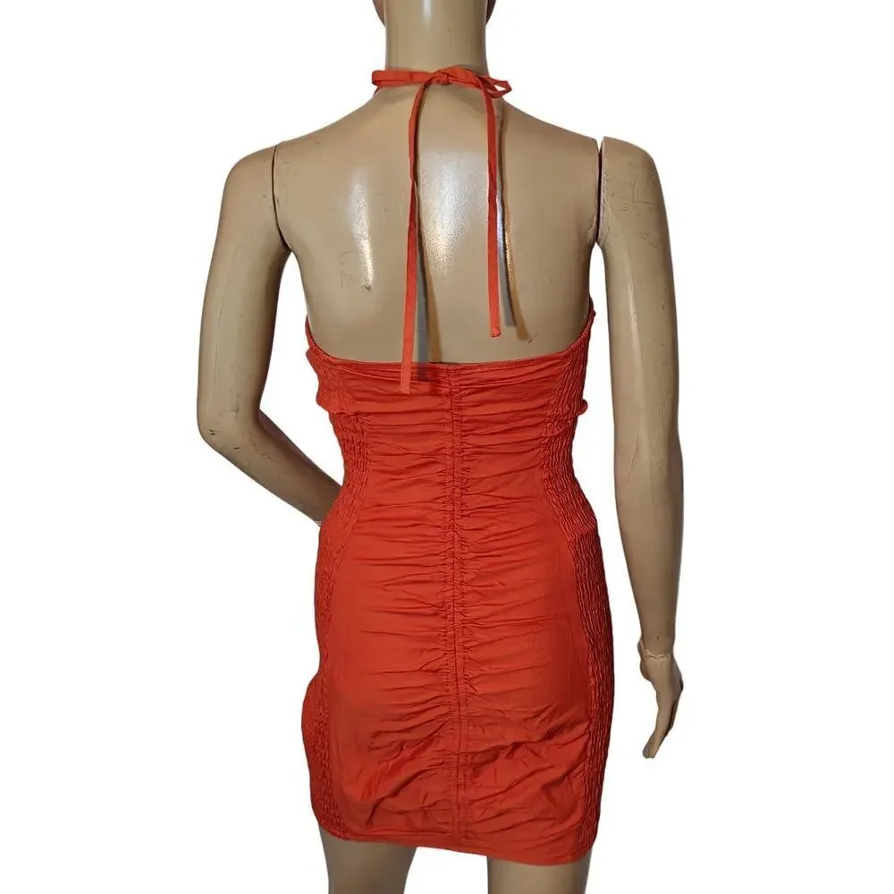 Free People Orange Ruched Halter Mini Dress XS Button Front Boho Sexy