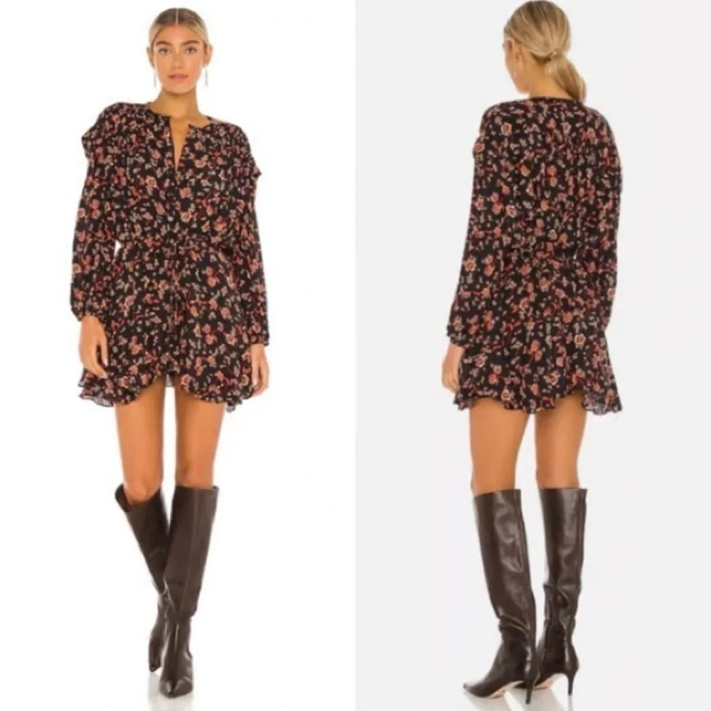 Free People Women’s Flower Fields Black Mini Dress Medium Fall Floral Oversized