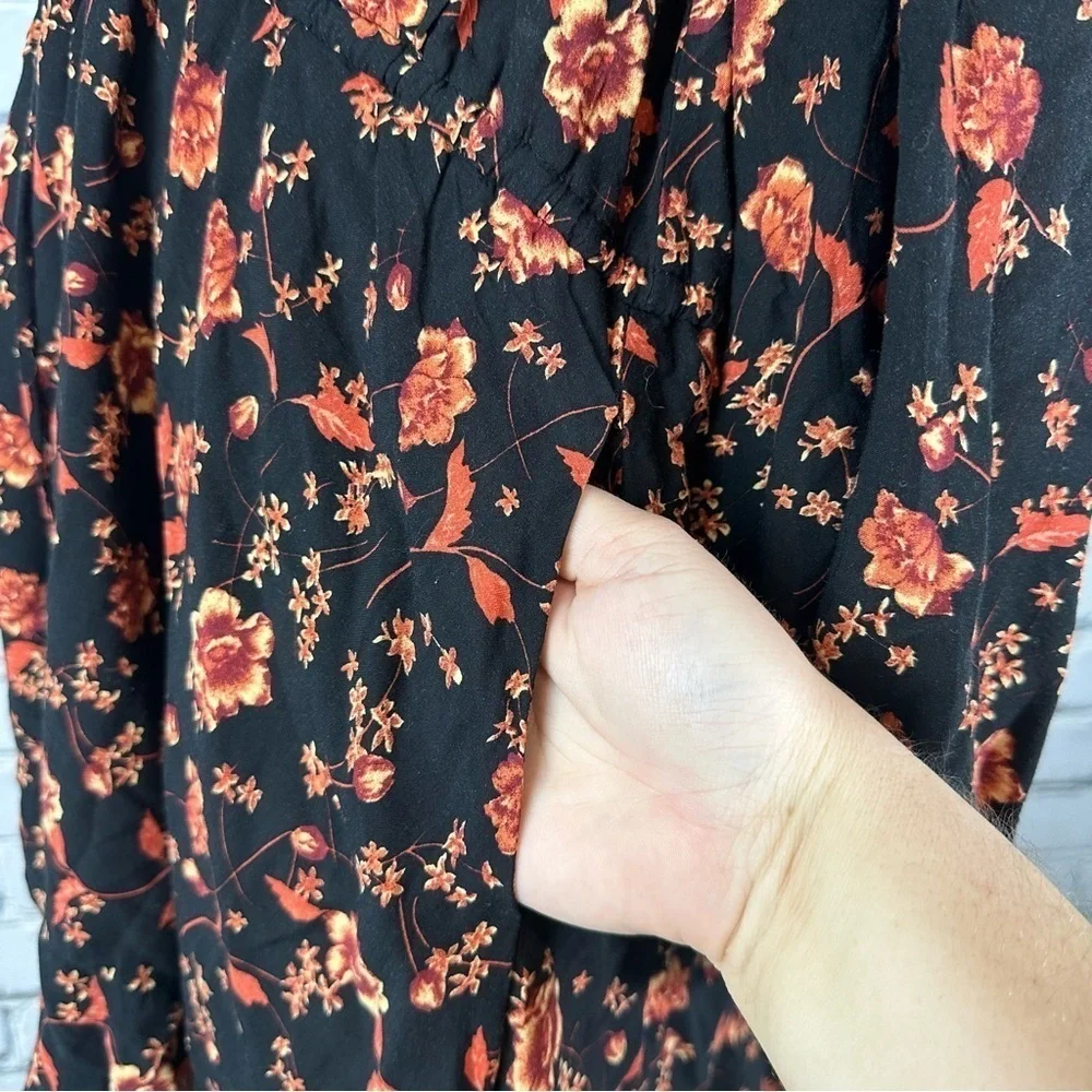 Free People Women’s Flower Fields Black Mini Dress Medium Fall Floral Oversized