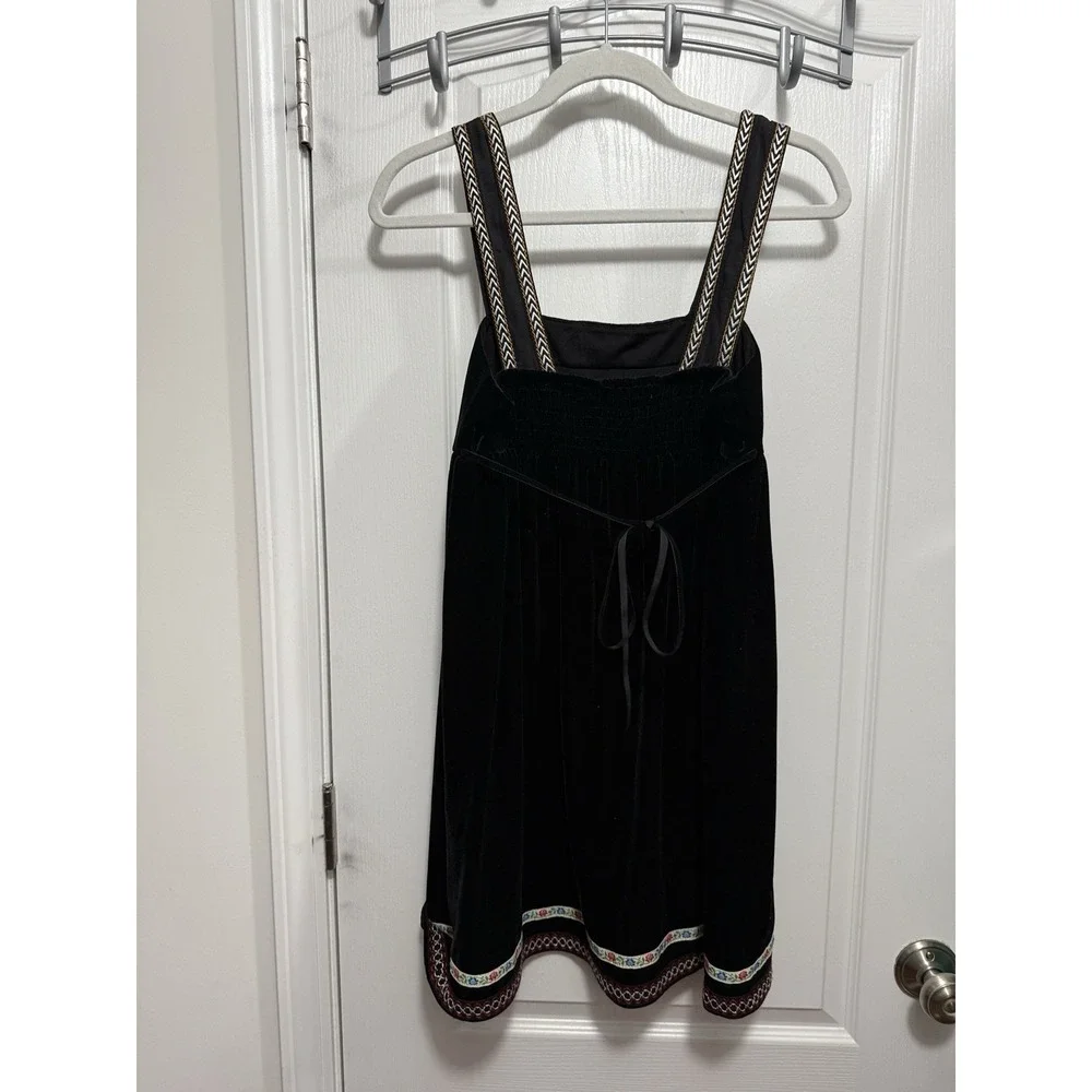Free People Scandinavian Tunic Dress Black Velvet Boho Embroidered Trim Womens S
