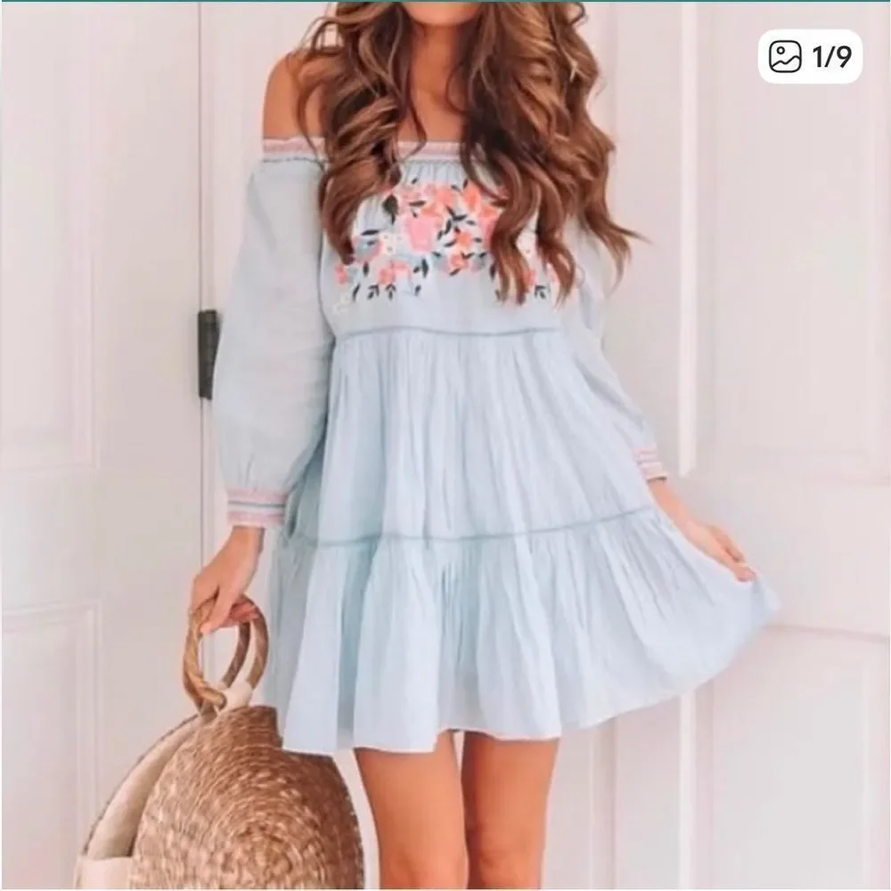 Free People Sunbeams Floral Embroidered Off Shoulder Dress Blue