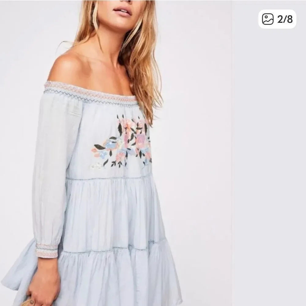 Free People Sunbeams Floral Embroidered Off Shoulder Dress Blue