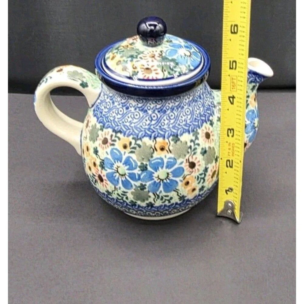 Bolesławiec Hand Painted Stoneware Teapot Floral Unikat Polish Pottery 2198